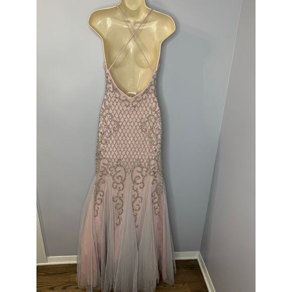 Xscape Beaded Lattice Mermaid Dress with Crisscross Back Pale Pink Prom Womens 4 - Picture 4 of 16